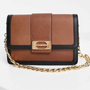 ASOS Design shoulder bag with multi gusset and chain handle in tan